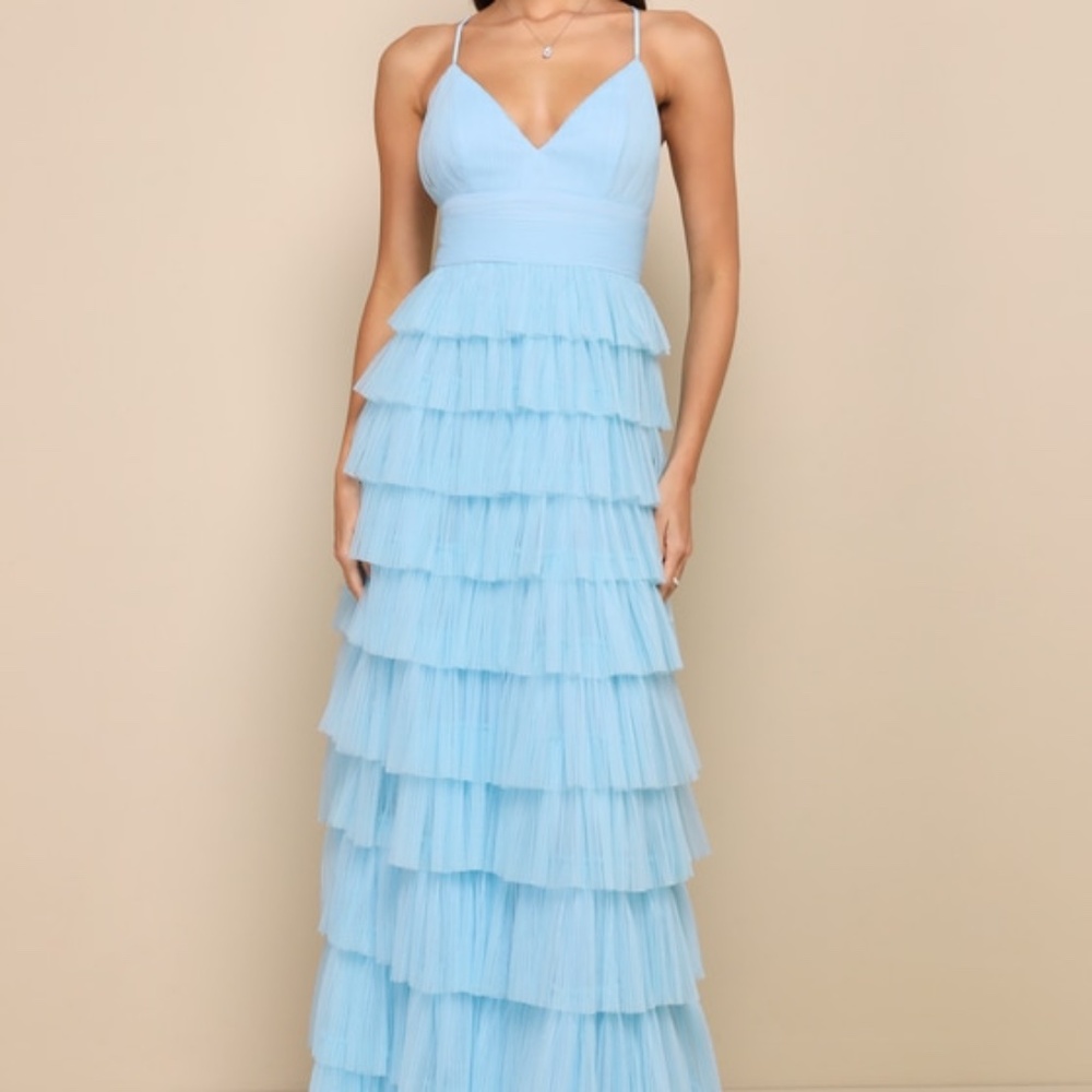 Lulus Radiant Event Light Blue Mesh Tiered Pleated Backless Maxi Dress - Size XL